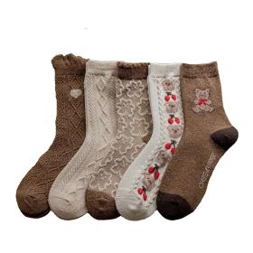 5 Pairs Cute Bear Socks Women High Wool Keep Warm Brown Winter Sock Fuffy Funny Lovely Kawaii Cartoon Christmas Gift Thermal Size 35-40 (Color: Random, size: One Size)