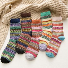 5Pairs Lot Winter Thickened Warm Woolen Socks Women's Striped Retro Wool New Year Christmas Gift Grils Socks TJ3140 (Color: 6, size: One Size)