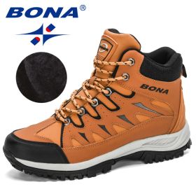 BONA 2022 New Designers Nubuck Mountain Climbing Shoes Men Plush Quality Outdoor Trekking Shoes Man Sneakers Hunting Boots Comfy (Color: Light brown black, size: 10.5)